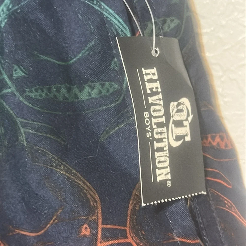 Revolution Boys Shark Print Swim Trunks Navy Blue Orange Teal Size L 12/14 NWT